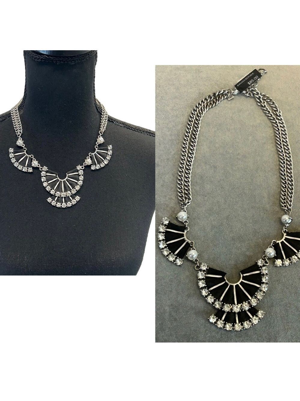 Banana Republic Silvertone black ribbon faux pearl crystal rhinestone necklace